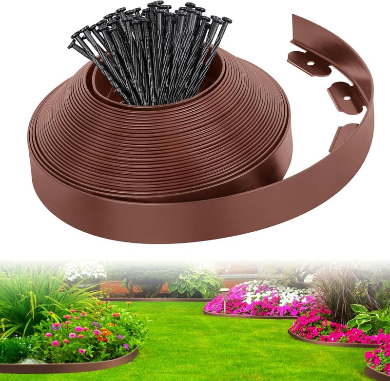FunFanso 2-Inch x 33 FT Landscape Edging Border with 50 Spikes, No Dig Garden Edging Lawn Edging Border Kit, Plastic Edging Border Flexible for Garden Flower Beds Lawn Yard Pathway (Brown) - Image 1